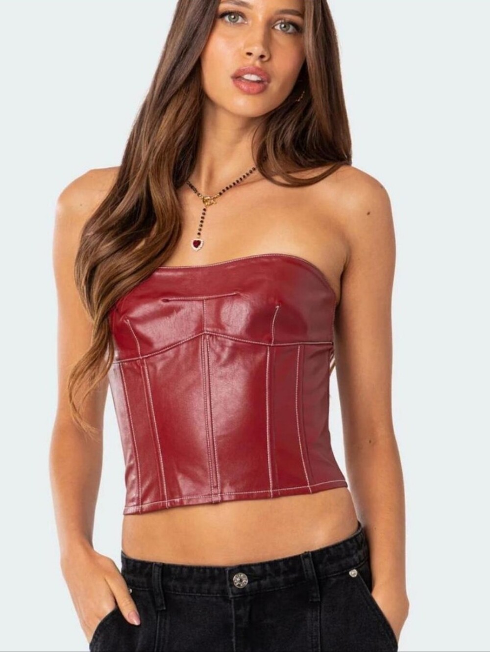 Edikted Moss Burgundy Tomato Red Faux Leather Lace Up Corset Size M NWT